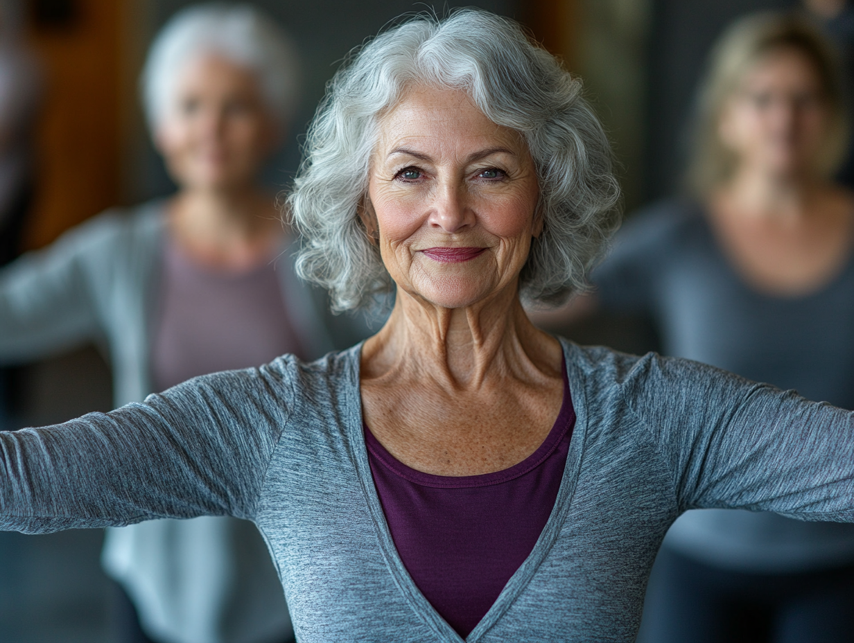 Старша жінка практикує дихальні вправи